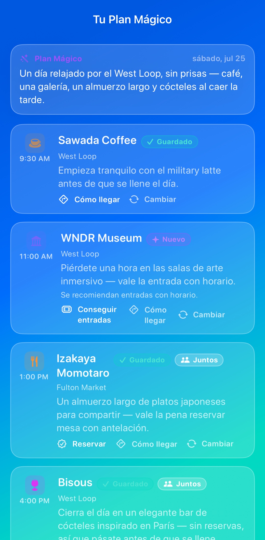Describe tu día. Recibe el itinerario.