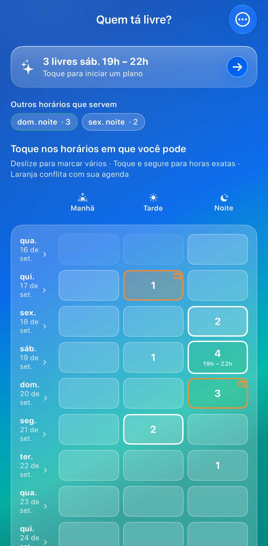 A tela Quem tá livre? do Whosly — encontre um horário que sirva para o grupo todo