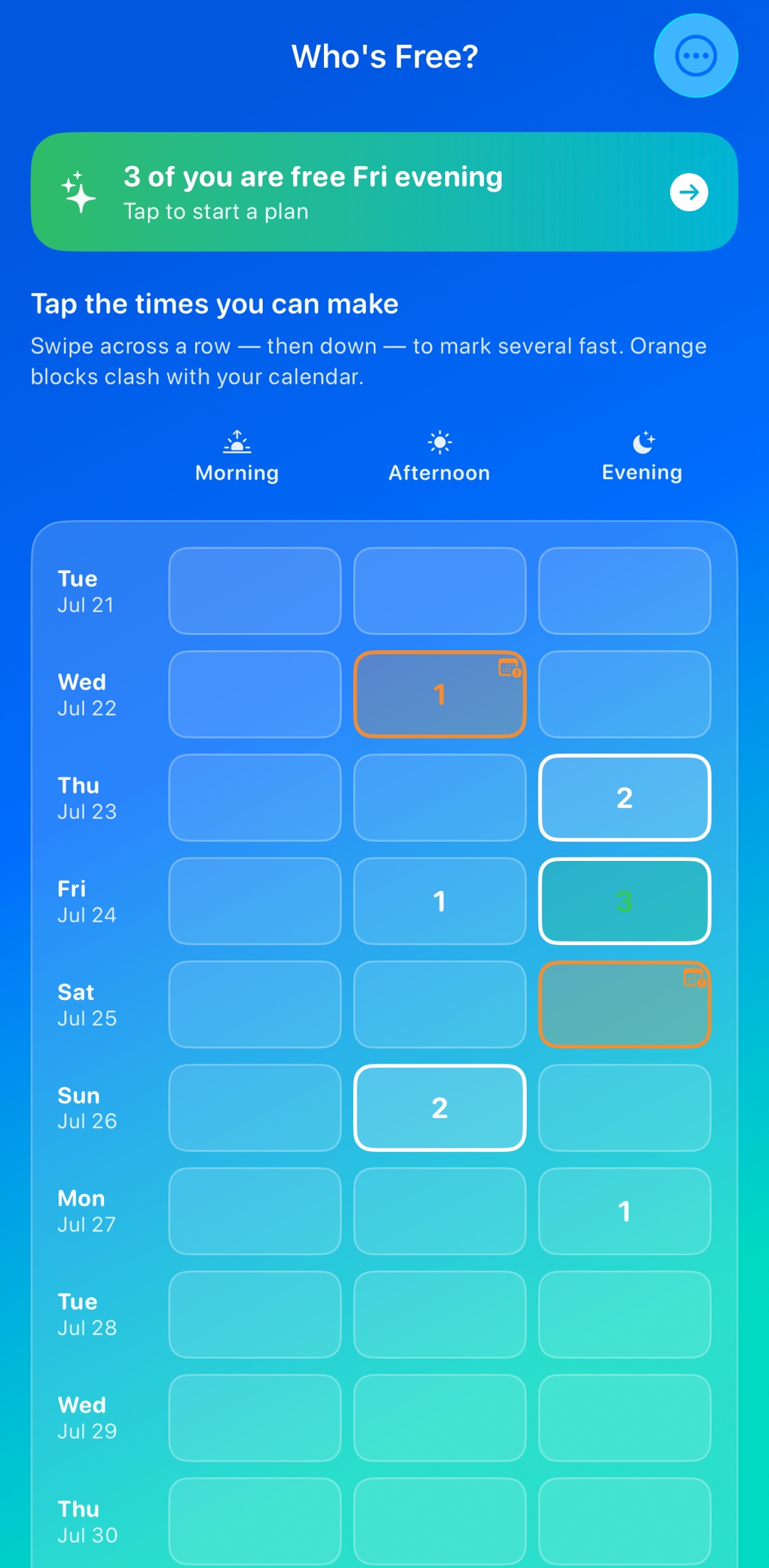 The Who's Free? grid, showing the evening that works for the most people